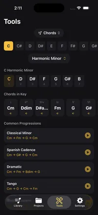 Good Take chord and scale reference with 12 roots, 16 scale types, and diatonic chords