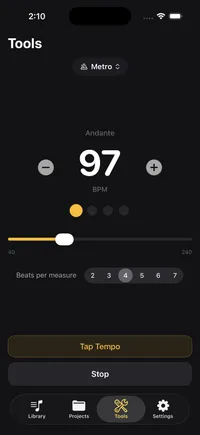 Good Take built-in metronome with tap tempo and configurable time signature