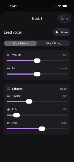 Per-track volume, pan, reverb, echo and tone sliders in Good Take