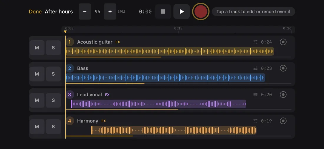 Good Take’s four-track timeline in iPhone landscape orientation