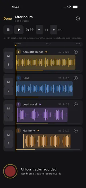 Good Take’s four-track editor on iPhone, with guitar, bass, lead vocal and harmony on a shared timeline