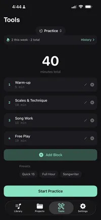 Good Take practice timer with block-based sessions, presets, and history tracking