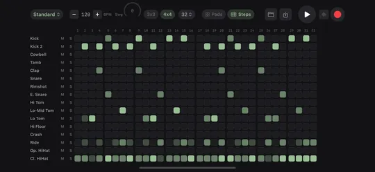 Good Take step sequencer in landscape mode with 32-step patterns and per-track mute and solo