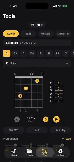 Good Take tablature tool showing guitar chord charts in standard tuning