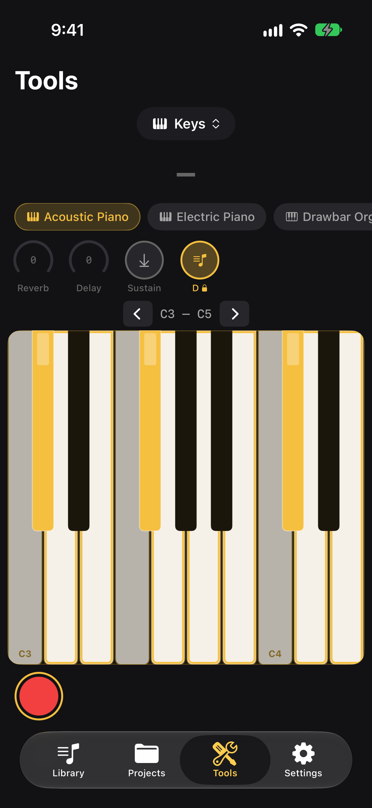Keyboard in D major with In-Key Notes Only: out-of-key keys greyed out
