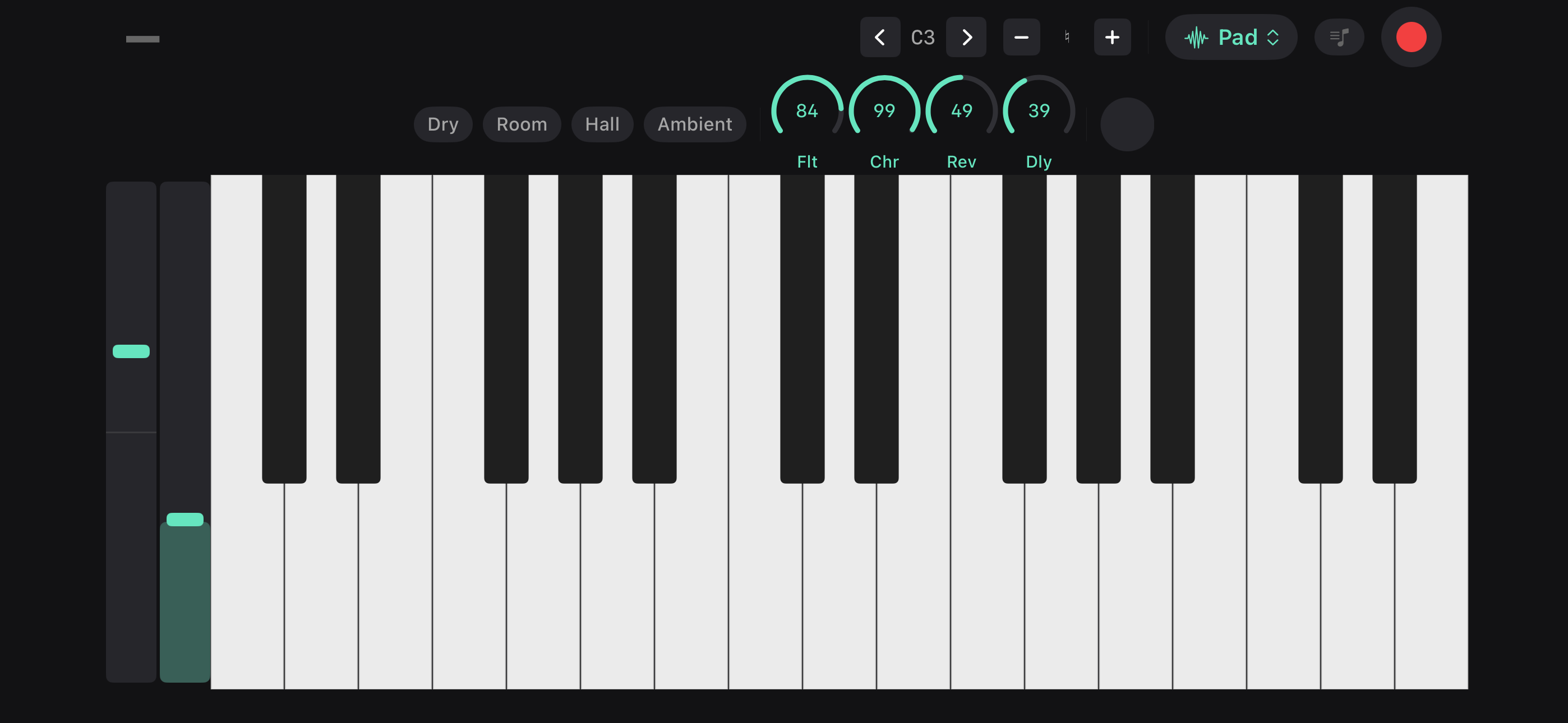 Good Take full keyboard in landscape mode with filter, chorus, reverb, and delay effects