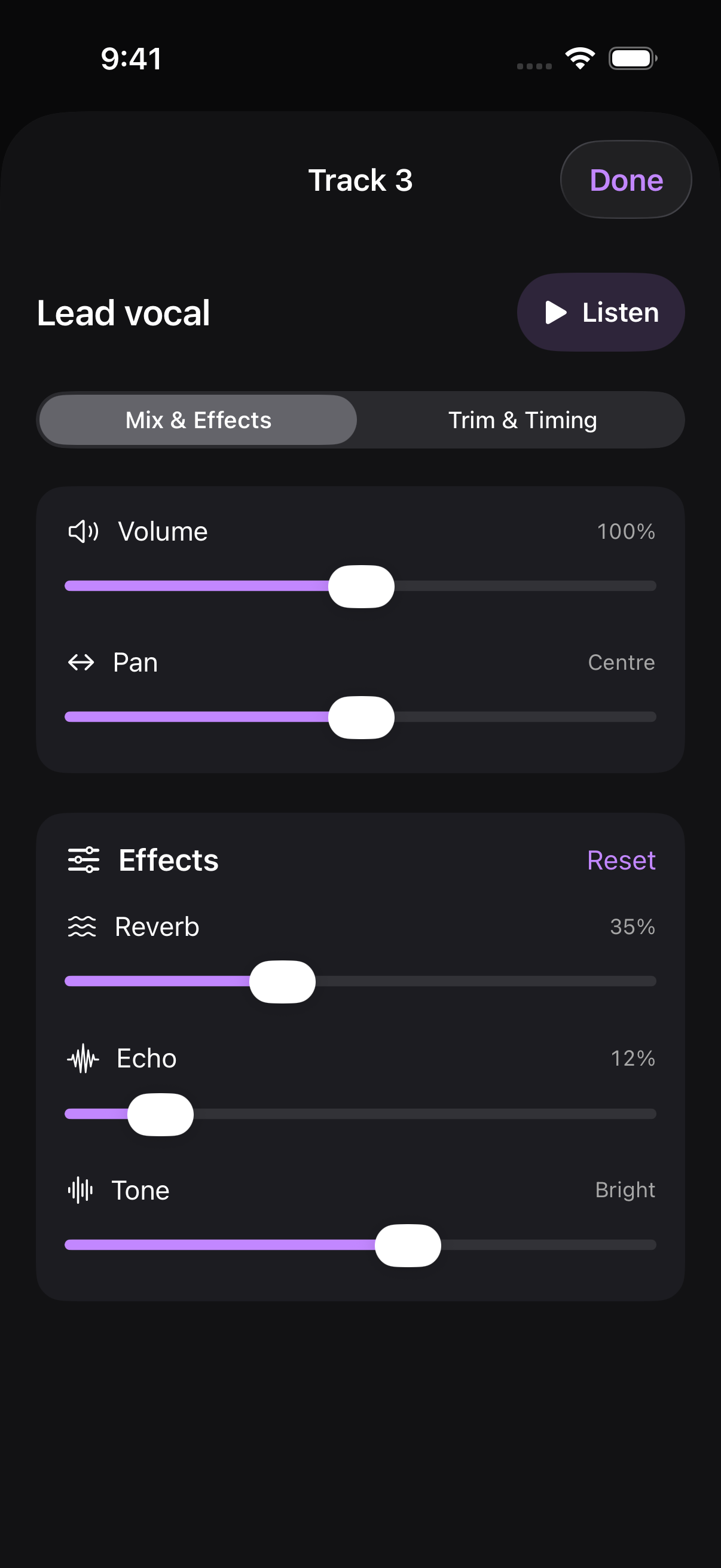 Volume, pan, reverb, echo and tone controls for the lead vocal