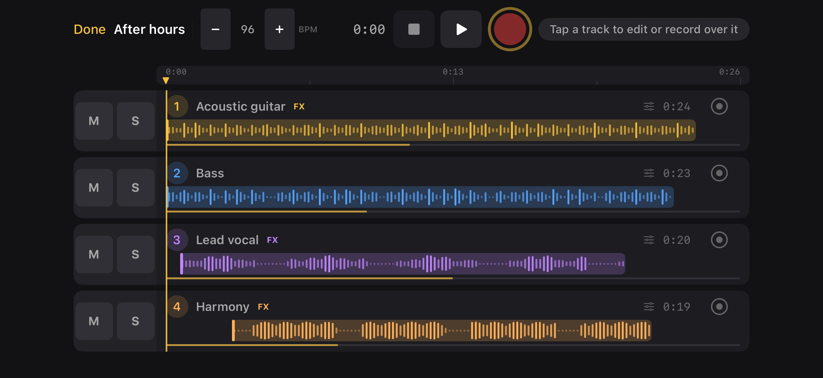 Good Take’s four-track editor in landscape orientation