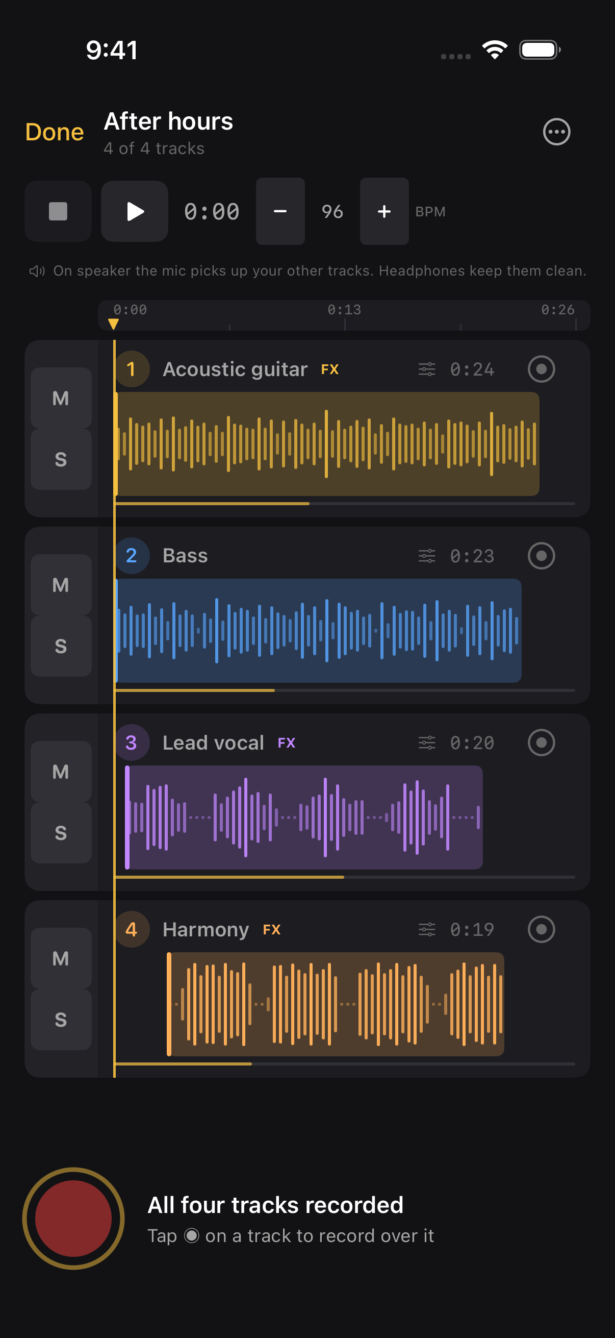 Four coloured tracks in Good Take: acoustic guitar, bass, lead vocal and harmony