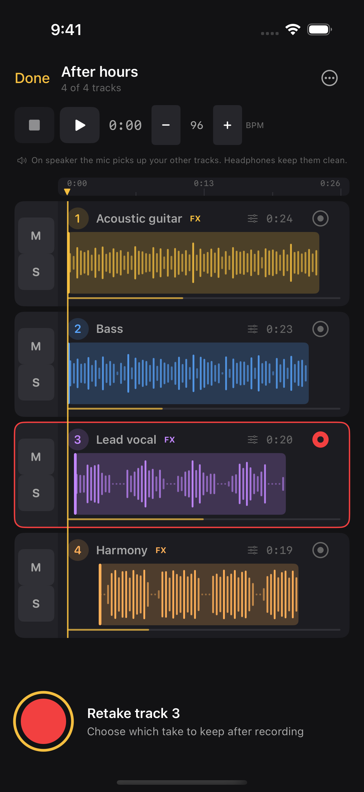 The lead vocal track armed for a retake, with the record button reading Retake track 3
