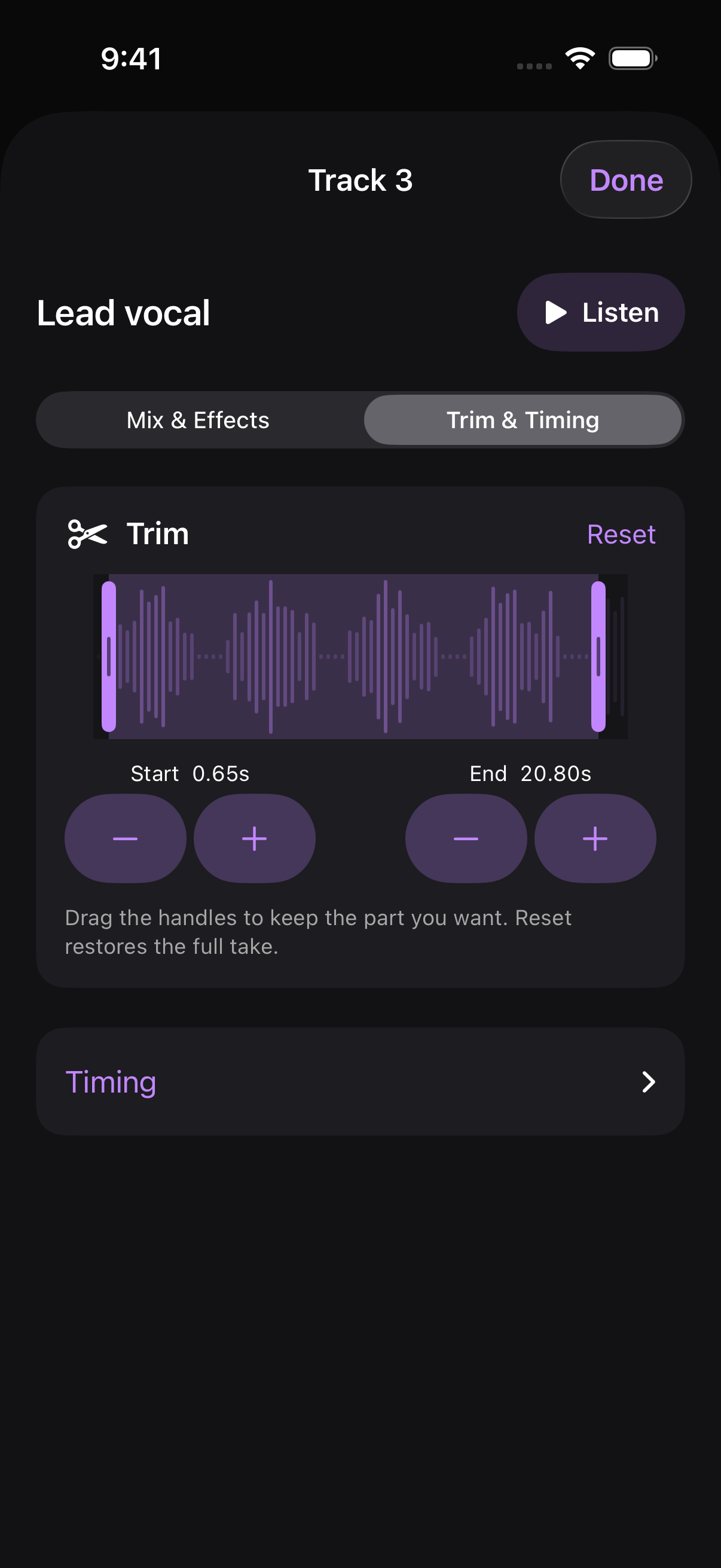 Non-destructive trimming with waveform handles and precise start and end controls