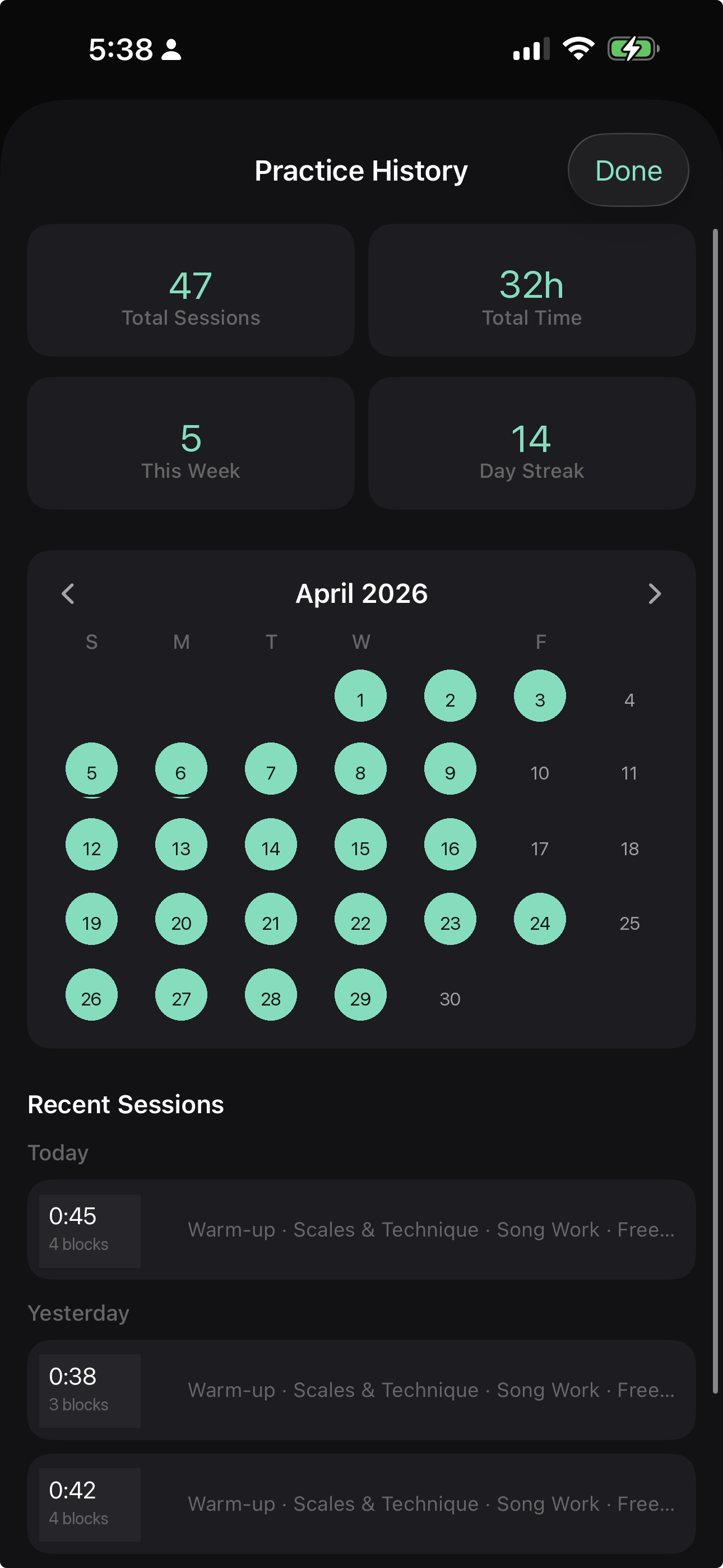Practice history with stats, calendar, and recent sessions
