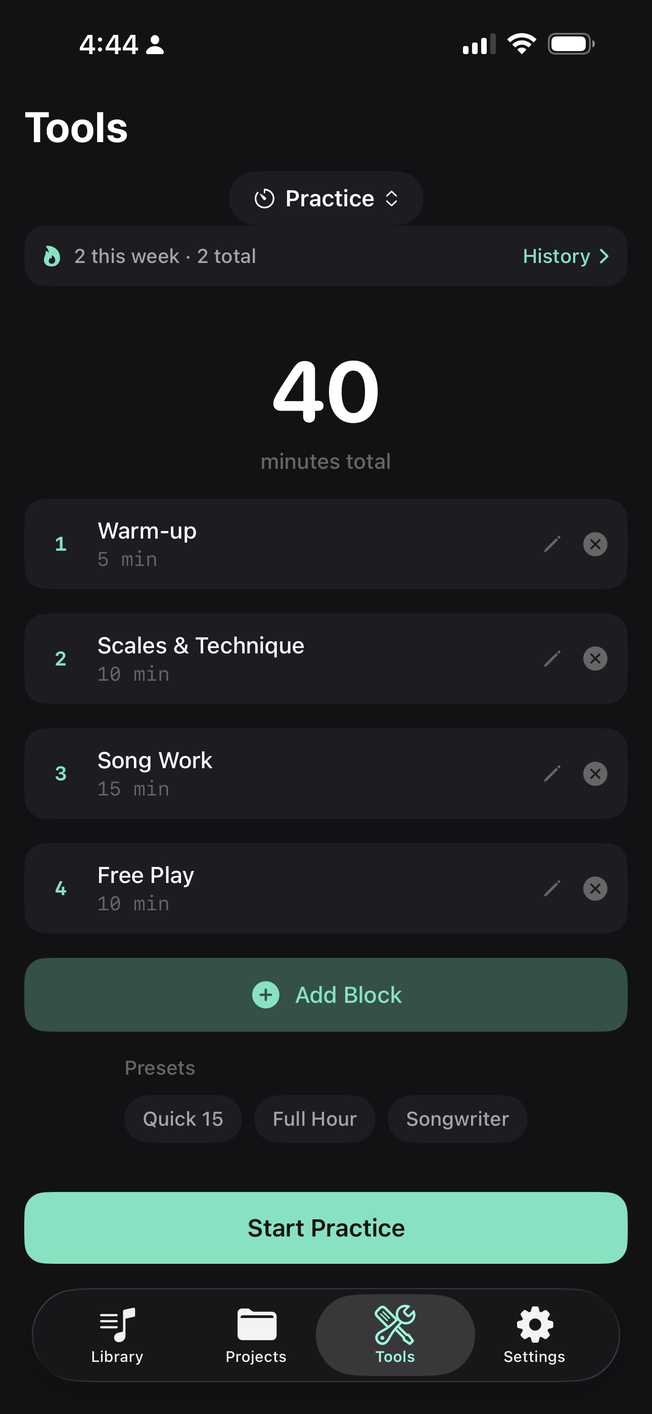 Practice timer with blocks and presets