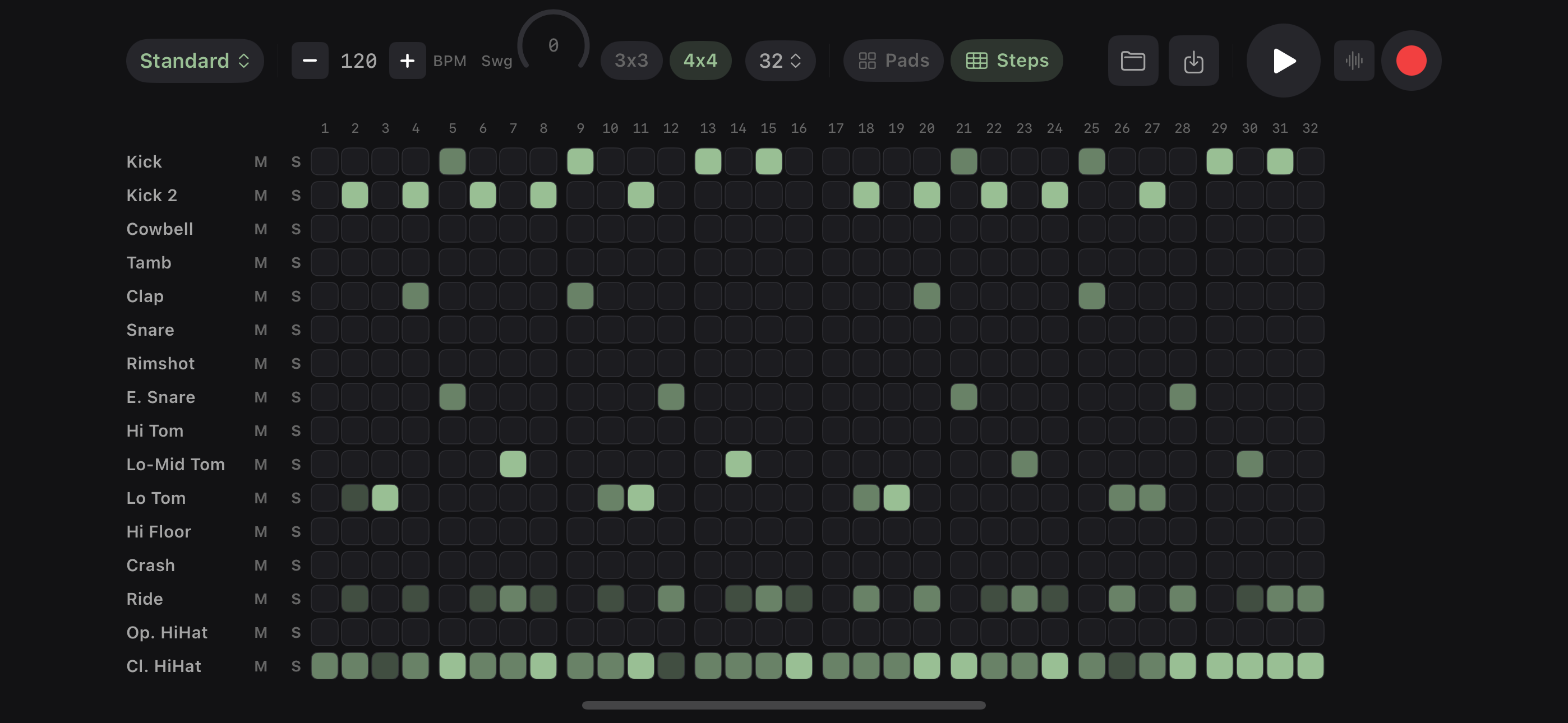 Good Take step sequencer in landscape mode with 32-step patterns and per-track mute and solo