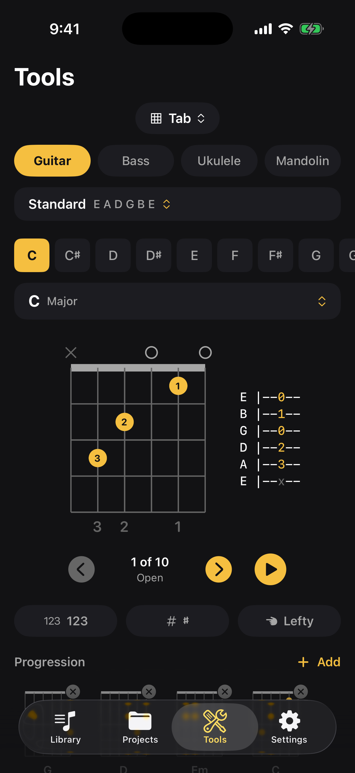 Guitar chord charts in standard tuning